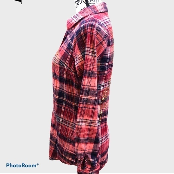 Derek HEART plaid/gold embellished button up  top - Picture 3 of 8